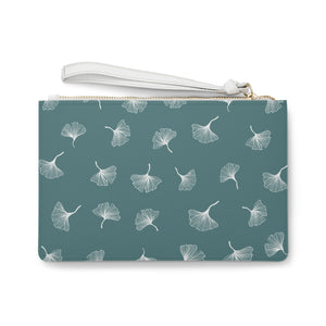 Teal and White Ginkgo Clutch Bag, Faux Leather Wristlet, Cosmetic Bag