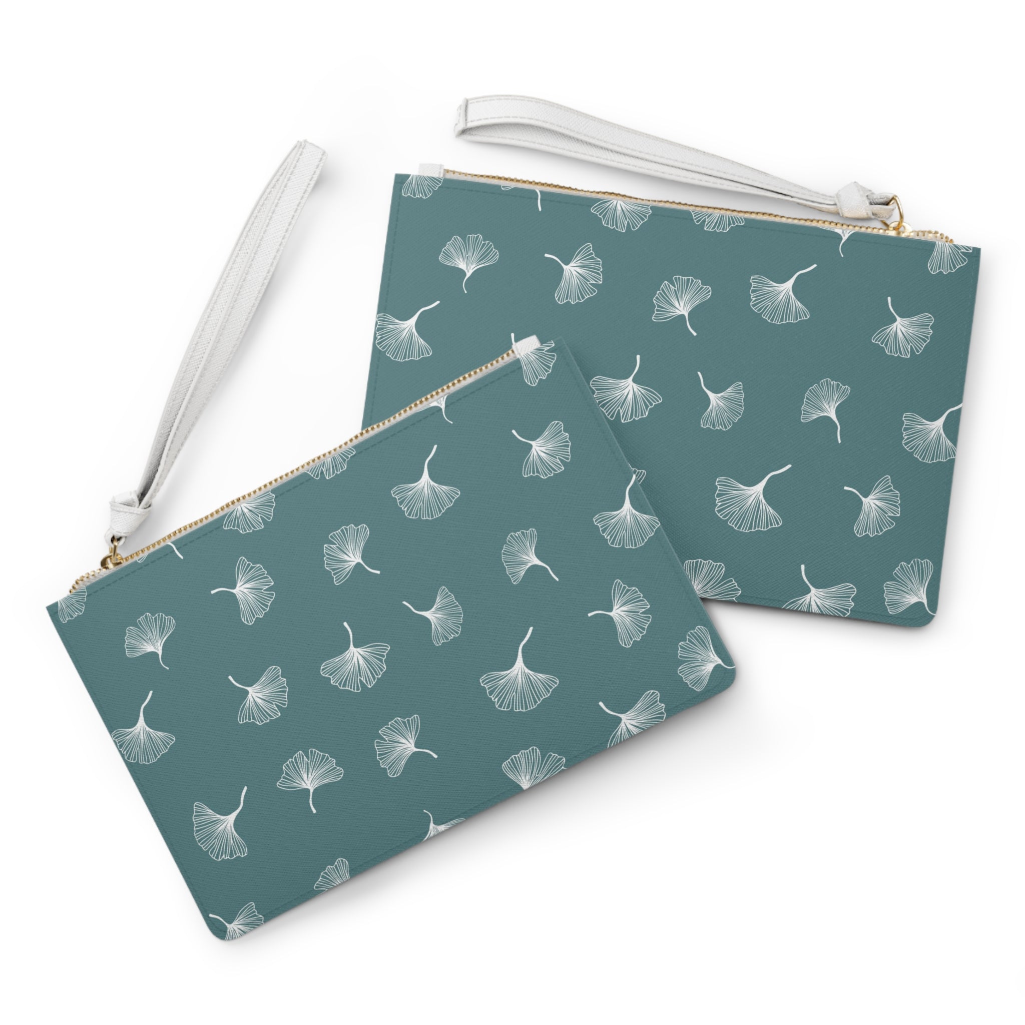 Teal and White Ginkgo Clutch Bag, Faux Leather Wristlet, Cosmetic Bag