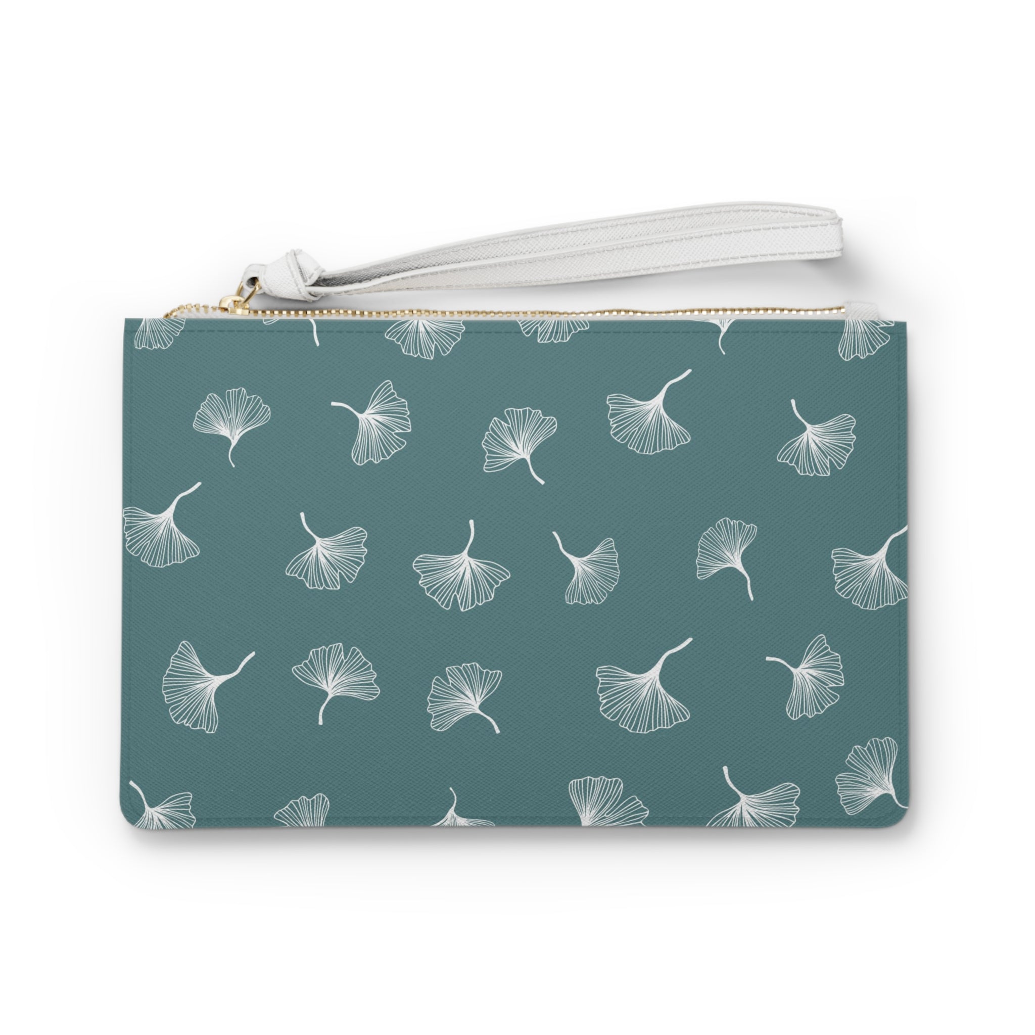 Teal and White Ginkgo Clutch Bag, Faux Leather Wristlet, Cosmetic Bag